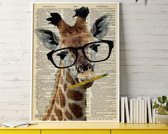 Brainy GIRAFFE Wearing Glasses Dictionary Wall Art Print Poster, Giraffe Zoo Animals Illustration Dorm Writers Pencil Teachers Gifts