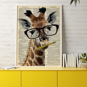Brainy GIRAFFE Wearing Glasses Dictionary Wall Art Print Poster, Giraffe Zoo Animals Illustration Dorm Writers Pencil Teachers Gifts