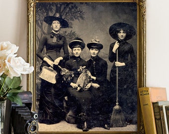 Spooky WITCHES Art Print, Antique Sepia Repro Tintype Photograph Vintage Halloween Decor, Gothic Witch Wall Art Poster, Old Photo Giclee
