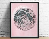 BIG Full Moon Poster, Vintage Distressed Pale Shabby PINK Art Print Grunge Chalkboard Antique Space Astronomy Lunar, Girls Room Nursery Dorm