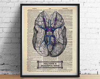 You Have a Beautiful Mind BRAIN Print Anatomy Psychology Illustration Art Print Poster Antique Dictionary Book Page Wall Dorm Office Decor