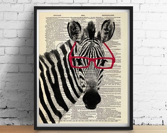 ZEBRA Wtih Glasses Art Print Poster, African Animal Wall Decor, Wildlife Zoo Black and White Illustration, Vintage Dictionary Book Page Dorm