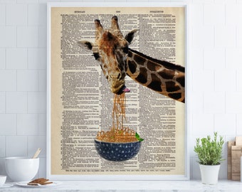 GIRAFFE Art Print Eating Noodles Asian Food Spaghetti Pasta, Kitchen Dining Room Poster, Animal Illustration Chef Gifts, Vintage Dictionary
