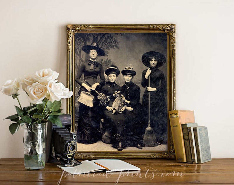 Spooky Four WITCHES Art Print, Antique Sepia Repro Tintype Photograph Vintage Halloween Decor, Gothic Witch Wall Art Poster, Old Photo Coven image 1