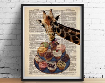 GIRAFFE Loves Cupcakes Cake Animal Art Print Poster Funny Illustration Vintage Antique Dictionary Book Page GIclee