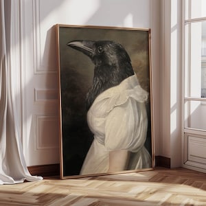 Victorian Raven Portrait Altered Art Print, Antique Vintage Black Crow Dressed Bird Painting Dark Academia Maximalist Gothic Decor Poster