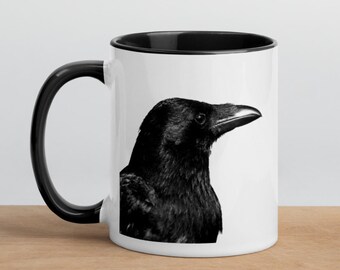 Crow Raven Mug, Minimalist Black and White Bird 2 Tone Ceramic Coffee Mug Office Dorm Modern
