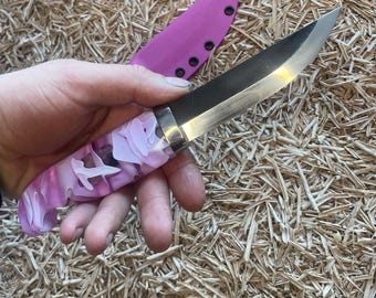 Handmade Finnish puukko knife, acrylic handle, pink knife for women, pink knife for her