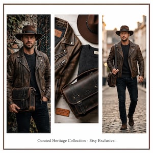 May include: A brown leather jacket, dark sweater, dark jeans, brown fedora, and a brown leather satchel. The image displays a collection of apparel and accessories with the text Curated Heritage Collection - Etsy Exclusive at the bottom.