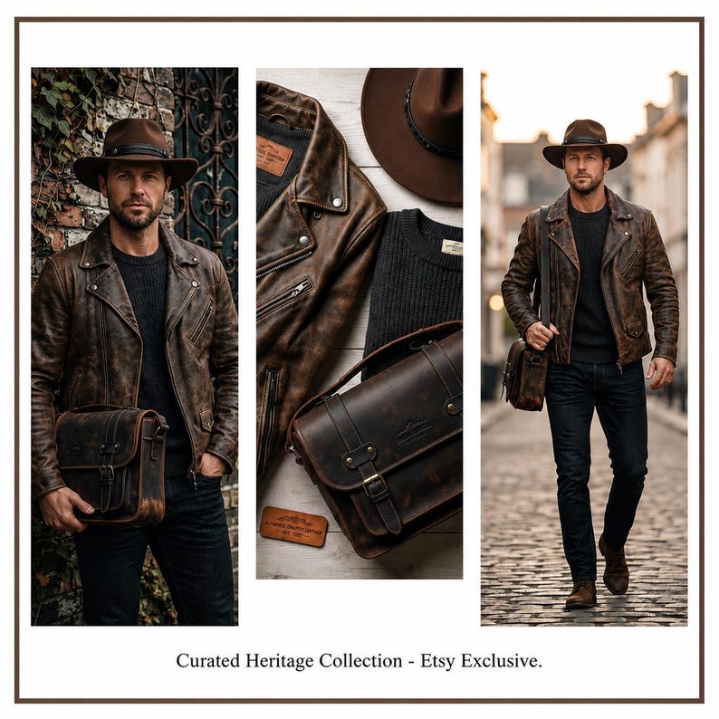 May include: A brown leather jacket, dark sweater, dark jeans, brown fedora, and a brown leather satchel. The image displays a collection of apparel and accessories with the text Curated Heritage Collection - Etsy Exclusive at the bottom.