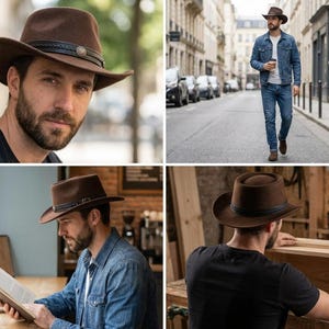 May include: A brown felt fedora hat featuring a dark brown leather band with a decorative metal concho detail. The hat has a structured crown and a wide, slightly curved brim, providing a classic silhouette suitable for various settings.
