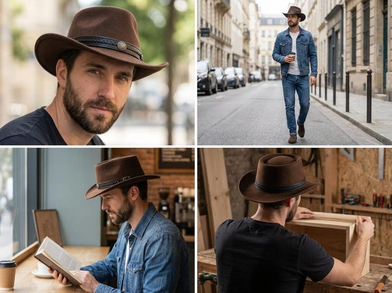 May include: A brown felt fedora hat featuring a dark brown leather band with a decorative metal concho detail. The hat has a structured crown and a wide, slightly curved brim, providing a classic silhouette suitable for various settings.