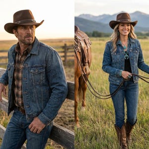 May include: A brown felt cowboy hat with a dark leather band, a blue denim jacket, a brown plaid button-down shirt, and blue jeans. The ensemble includes a brown felt cowboy hat, a blue denim jacket, a black top, blue jeans, and brown leather boots.