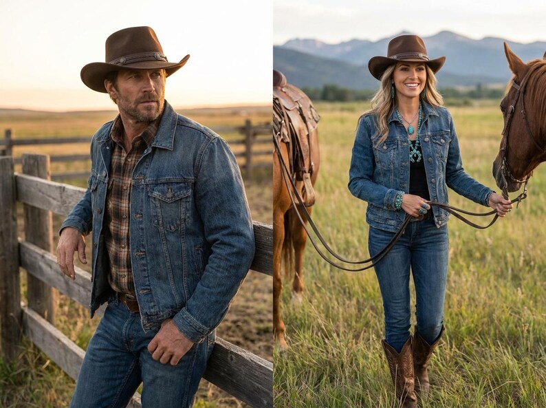 May include: A brown felt cowboy hat with a dark leather band, a blue denim jacket, a brown plaid button-down shirt, and blue jeans. The ensemble includes a brown felt cowboy hat, a blue denim jacket, a black top, blue jeans, and brown leather boots.