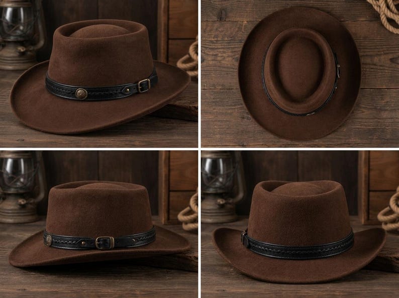 May include: A brown felt hat featuring a flat crown and a wide brim. The hat is accented with a black leather band that includes a braided texture, a metallic buckle, and a circular decorative stud on the side, shown from multiple angles.
