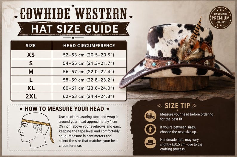 May include: A cowhide western hat size guide featuring a black and white spotted hat with a brown leather band, turquoise accents, and feathers. The chart lists sizes XS to 2XL with head circumference measurements in centimeters and inches.