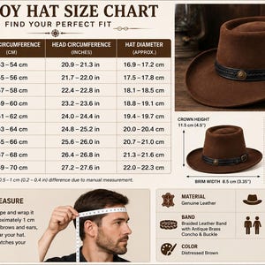 May include: A brown cowboy hat size chart featuring a table with head circumference in cm and inches, hat diameter in cm, and instructions on how to measure. The hat has a braided leather band with an antique brass concho and buckle.