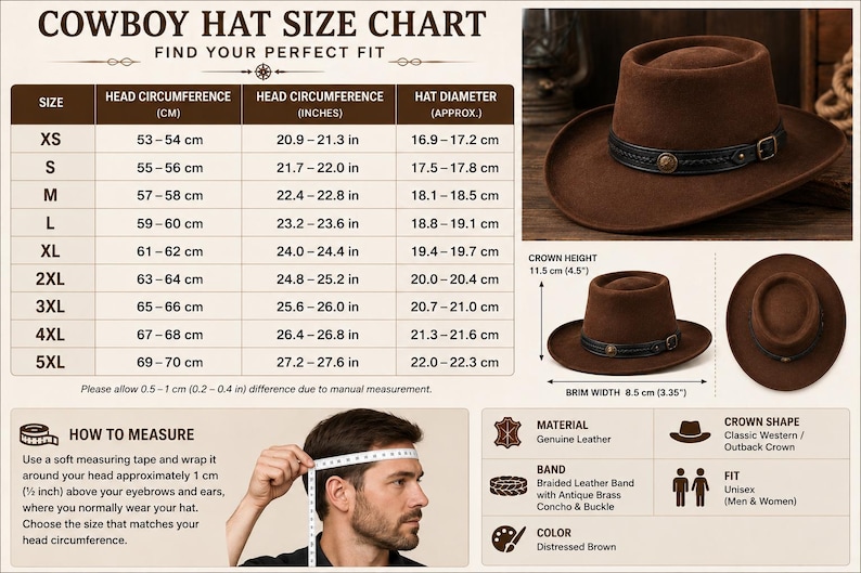 May include: A brown cowboy hat size chart featuring a table with head circumference in cm and inches, hat diameter in cm, and instructions on how to measure. The hat has a braided leather band with an antique brass concho and buckle.