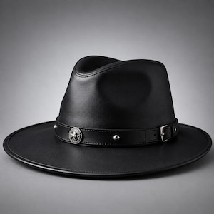 May include: A black leather fedora hat featuring a wide brim and a structured crown. The hat is accented with a black leather band that includes a silver-toned metal buckle, small silver studs, and a circular silver emblem with a cross design.
