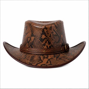 Chapeau haut-de-forme de cowboy en cuir véritable imprimé python marron fait main | Chapeau western haut de gamme | Steampunk, gothique, festival et cosplay | Unisexe