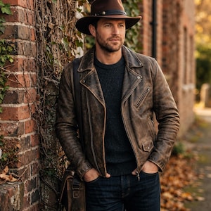 May include: A brown leather motorcycle jacket with a distressed finish, a dark charcoal ribbed sweater, dark blue denim jeans, and a brown fedora hat with a black leather band. A brown leather messenger bag hangs from the shoulder.