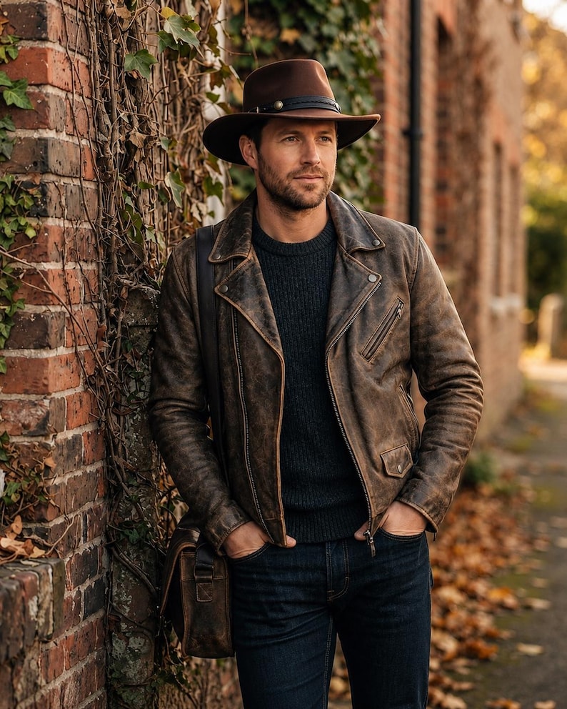 May include: A brown leather motorcycle jacket with a distressed finish, a dark charcoal ribbed sweater, dark blue denim jeans, and a brown fedora hat with a black leather band. A brown leather messenger bag hangs from the shoulder.