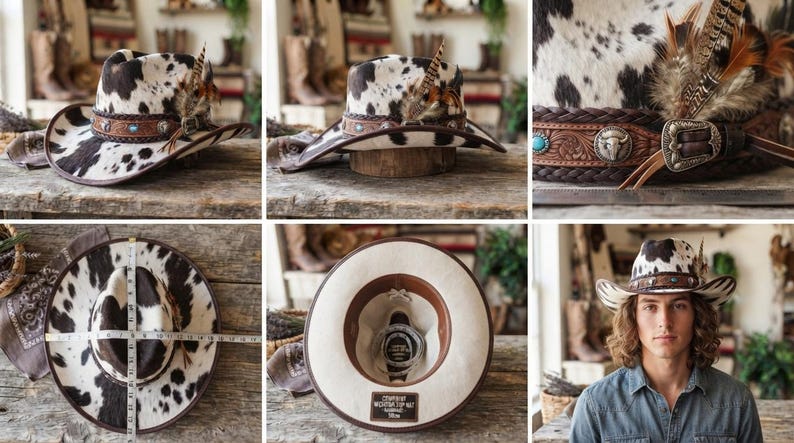 May include: A cowhide print cowboy hat featuring a brown leather band with braided edges, silver-toned metal accents, a turquoise stone, and decorative feathers. A measuring tape shows the hat has a diameter of approximately 15 inches.