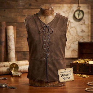 Könnte beinhalten: Eine braune ärmellose Weste mit Schnürung vorne, dunklen Metallösen und einer horizontalen Naht an der Taille. Ein rechteckiges Etikett am Kleidungsstück zeigt den Text HANDMADE PIRATE VEST in schwarzer Schrift.