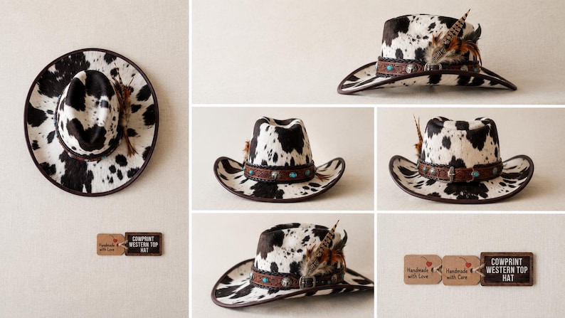 May include: A western hat with a black and white cow print pattern, featuring a brown leather band with turquoise accents, metal studs, and decorative feathers. The hat is accompanied by a tag that reads COWPRINT WESTERN TOP HAT.
