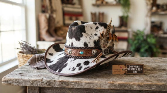 Cow print Western Top Hat, Genuine Cowhide Fedora, Turquoise Concho Band, Feather Detail, Handmade Cowboy Hat, Rustic Boho Ranch Style