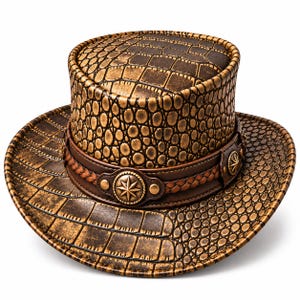 Peut inclure: Un haut-de-forme marron avec un motif texturé en peau de crocodile sur la calotte et les bords. Une bande en cuir marron foncé entoure la base, ornée d'un détail en cuir tressé et de trois médaillons métalliques circulaires à motifs d'étoiles.
