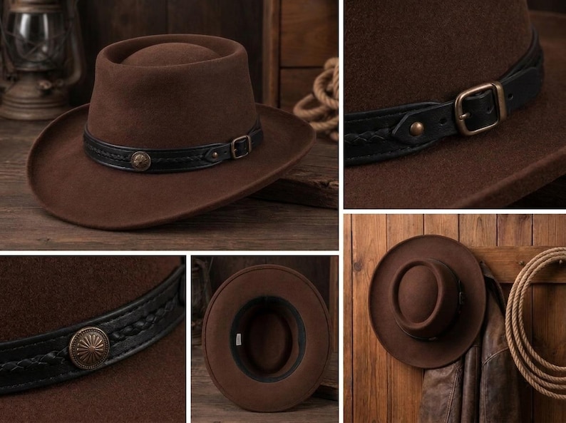May include: A brown felt hat with a flat crown and a wide brim. The hat features a black leather band decorated with a braided pattern, a metallic buckle, and a circular concho ornament. The interior of the hat shows a black sweatband.
