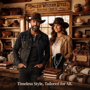 May include: A person wearing a dark brown felt hat and a dark denim jacket stands next to another person wearing a matching brown felt hat and a tan fringed jacket. They are in a shop with shelves displaying leather bags, pottery, and jewelry.