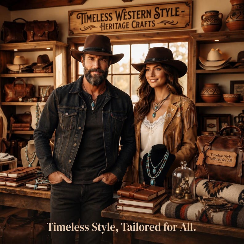 May include: A person wearing a dark brown felt hat and a dark denim jacket stands next to another person wearing a matching brown felt hat and a tan fringed jacket. They are in a shop with shelves displaying leather bags, pottery, and jewelry.