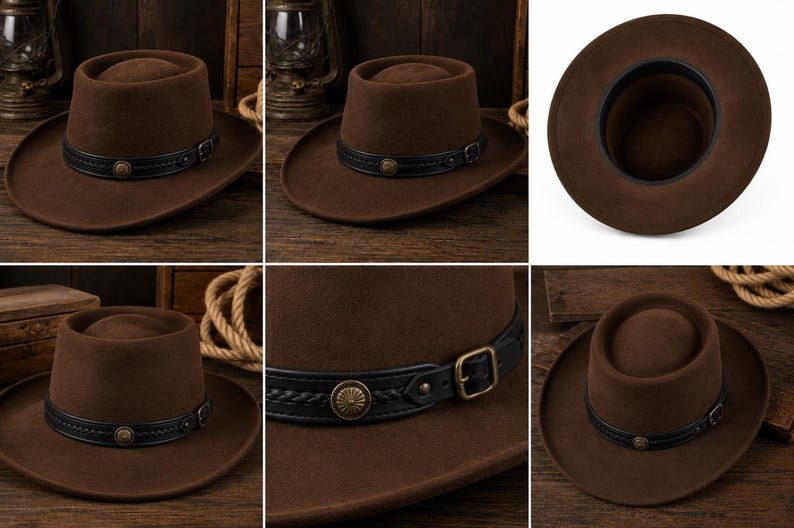 May include: A brown felt hat with a flat crown and a wide brim. The hat features a black leather band decorated with a braided texture, a central circular antique brass-toned metal stud, and a matching brass-toned metal buckle adjustment.