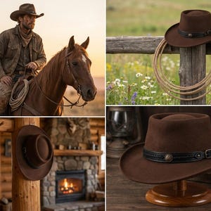 May include: A dark brown felt cowboy hat featuring a flat crown and a wide brim. The hat is accented with a black leather band that includes a decorative metal concho, braided detailing, and a small adjustable buckle on the side.