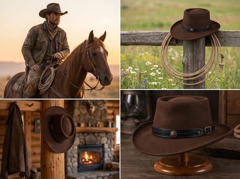 May include: A dark brown felt cowboy hat featuring a flat crown and a wide brim. The hat is accented with a black leather band that includes a decorative metal concho, braided detailing, and a small adjustable buckle on the side.