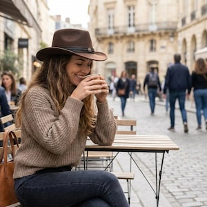 May include: A brown felt fedora hat with a dark braided band, a beige knit sweater, and dark blue jeans. A tan leather tote bag hangs from the side of a wooden chair. The hat features a wide brim and a small metallic accent on the band.