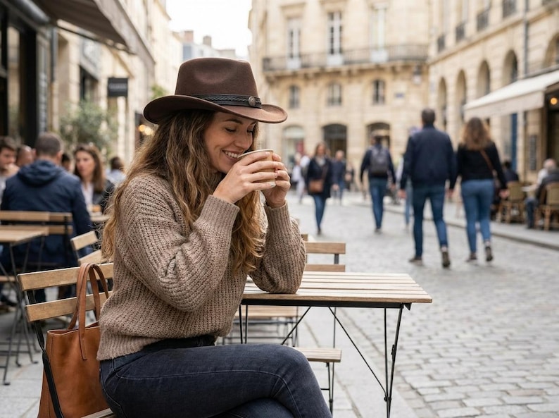 May include: A brown felt fedora hat with a dark braided band, a beige knit sweater, and dark blue jeans. A tan leather tote bag hangs from the side of a wooden chair. The hat features a wide brim and a small metallic accent on the band.