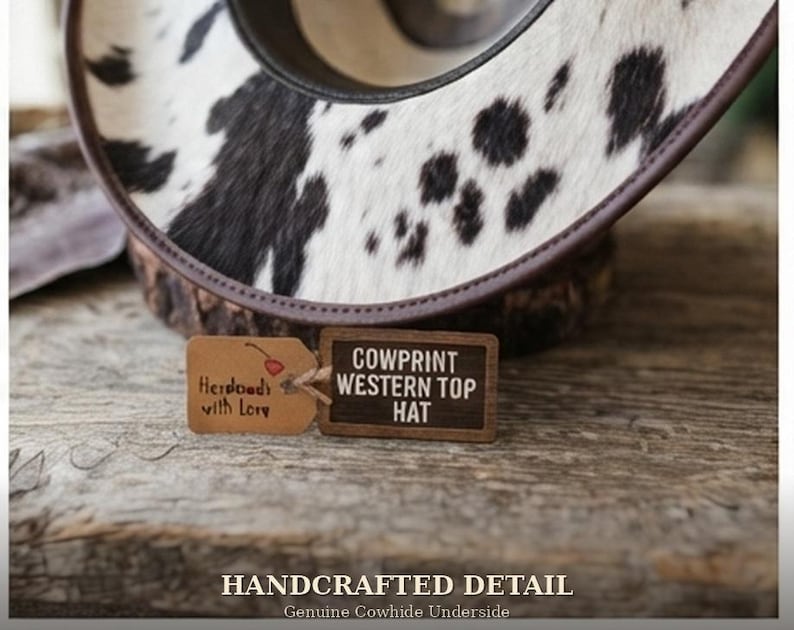 May include: A western top hat featuring a black and white cow print pattern with a dark brown brim edge. Attached are two small rectangular tags, one brown with a cherry illustration and text, and one dark wood with the text COWPRINT WESTERN TOP HAT.