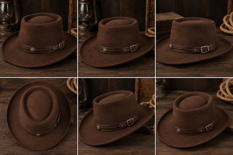 May include: A dark brown felt hat with a wide brim and a rounded crown. The hat features a decorative dark brown leather band around the base, accented with a braided texture, a small metal buckle, and a circular metal stud detail on the side.
