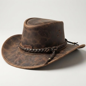 May include: A brown distressed leather cowboy hat featuring a braided leather hatband with a small metal accent. The hat has a pinched crown and a wide, curved brim with visible natural texture and subtle wear patterns across the surface.