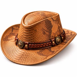 May include: A tan cowboy hat featuring a textured snakeskin pattern across the crown and brim. The hat is accented with a dark brown leather band that includes a braided section, metallic studs, and two circular star-shaped silver ornaments.