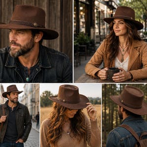 May include: A brown felt fedora hat featuring a wide brim and a decorative braided band with a central metallic concho accent. The hat has a structured crown and a consistent dark brown color throughout the felt material and the band.