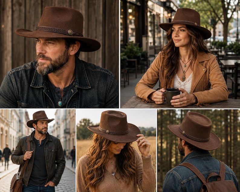 May include: A brown felt fedora hat featuring a wide brim and a decorative braided band with a central metallic concho accent. The hat has a structured crown and a consistent dark brown color throughout the felt material and the band.