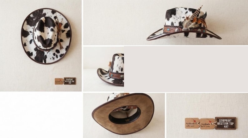 May include: A western hat featuring a black and white cow print pattern, a brown leather band with silver-toned accents, and decorative feathers. The interior is lined with a tan material. A tag displays the text: COWPRINT WESTERN TOP HAT.