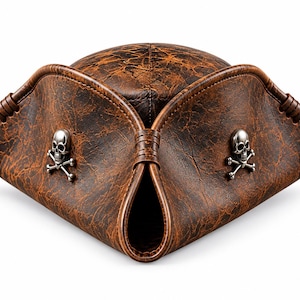 May include: A brown tricorn hat with a distressed, weathered texture. The hat features three upturned brims secured with stitched detailing and two silver-toned metal skull and crossbones emblems attached to the front-facing panels.