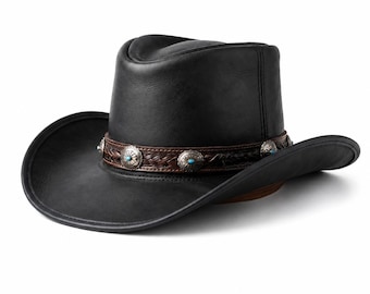 May include: A black leather cowboy hat featuring a dark brown braided leather hatband. The band is decorated with silver-toned metal conchos, each centered with a small, round, bright blue turquoise stone, encircling the crown of the hat.