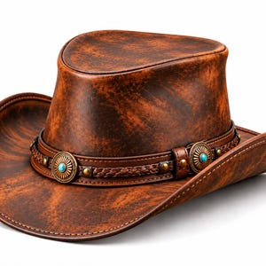 May include: A brown cowboy hat with a distressed, weathered finish. The hat features a decorative band with braided leather detailing, metallic studs, and circular concho accents centered with small, bright blue turquoise-colored stones.