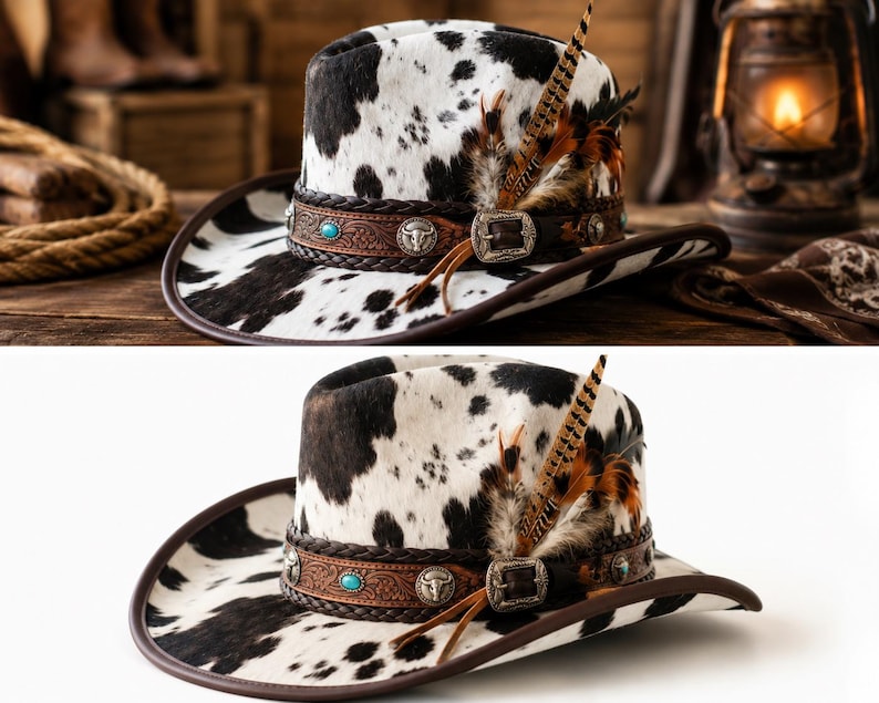 May include: A cowhide print cowboy hat featuring a brown leather band with braided edges, silver-toned metal conchos, a turquoise stone inlay, and a silver buckle. The hat is accented with brown and tan feathers tucked into the side of the band.
